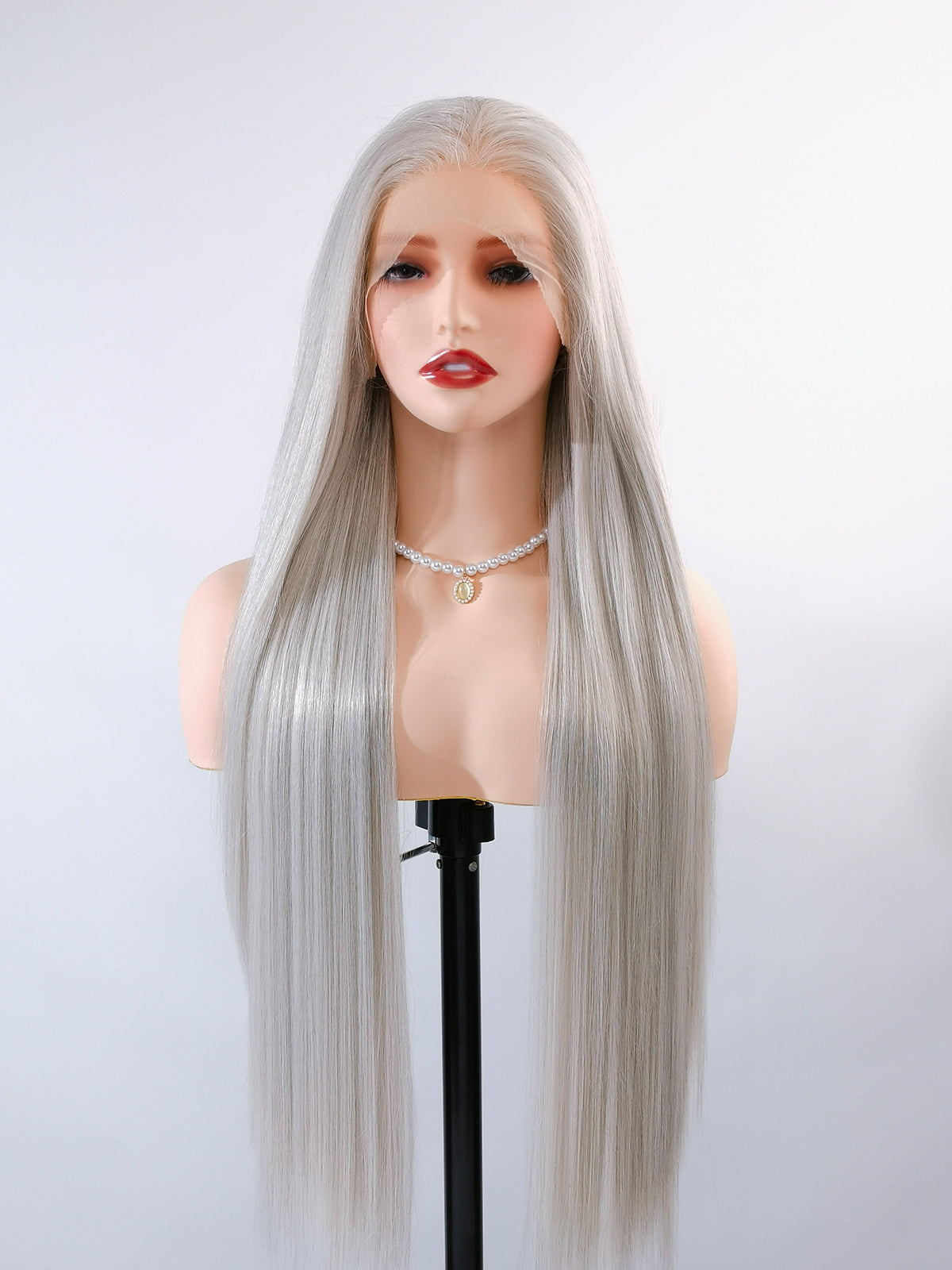 [Emma] Ailsa's Wigs 32 inch Long Straight Wig Light Grey Synthetic Layered Hair 81057