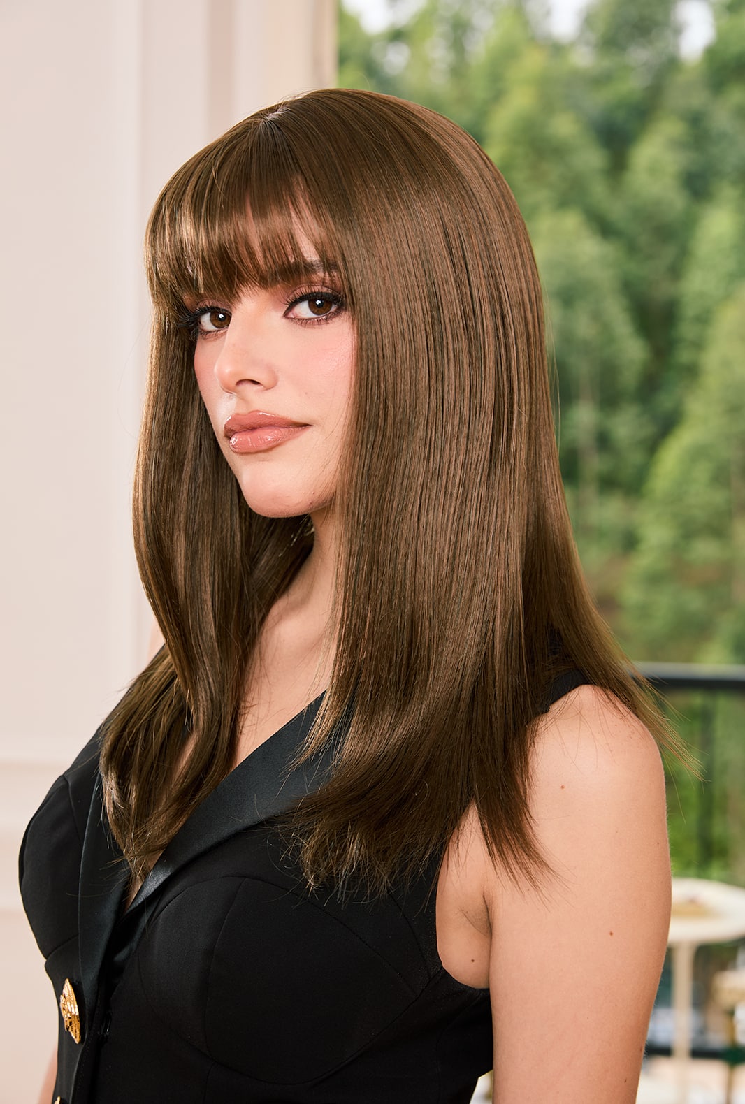 Chestnut | Brown Layered Synthetic Straight Wig with Bangs - Ailsa's Wigs