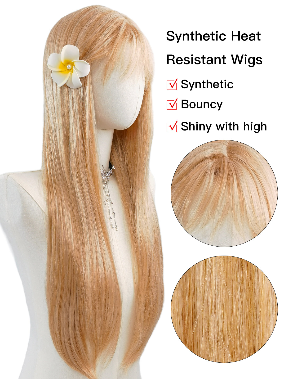 [Vivienne] Ailsas's Wigs Gold Straight Wigs Long synthetic Wigs With Air Bangs Natural Look 68010