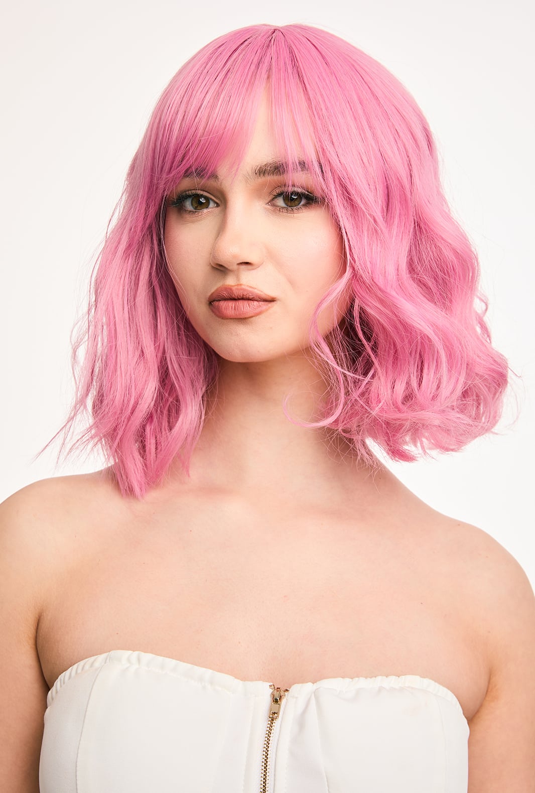 Petal | Youthful Pink Curly Synthetic Wig with Bangs - Ailsa's Wigs