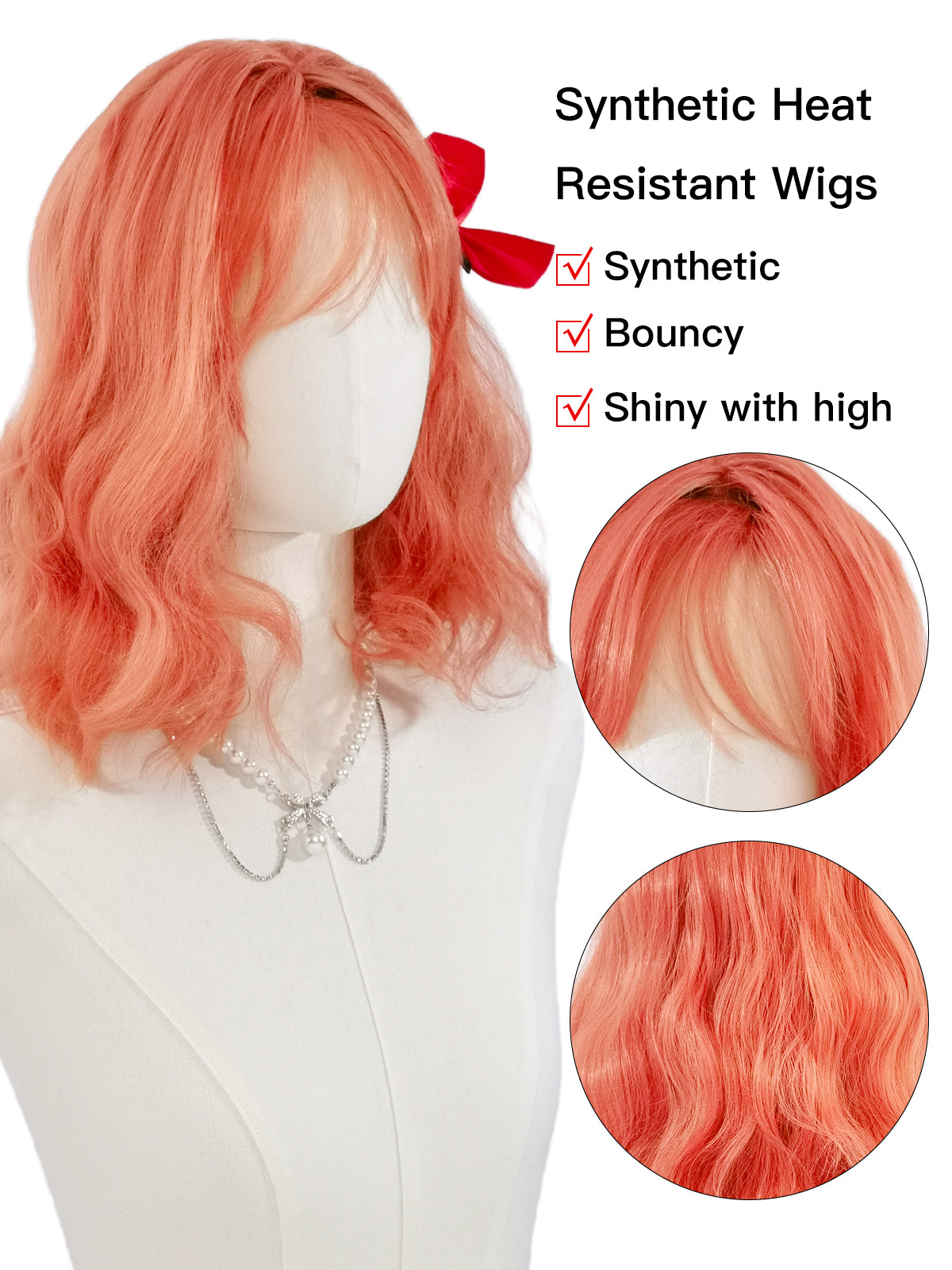 [Coral] Ailsas's Wigs Pink Wigs for Women Synthetic Wavy Bob Wigs 68002