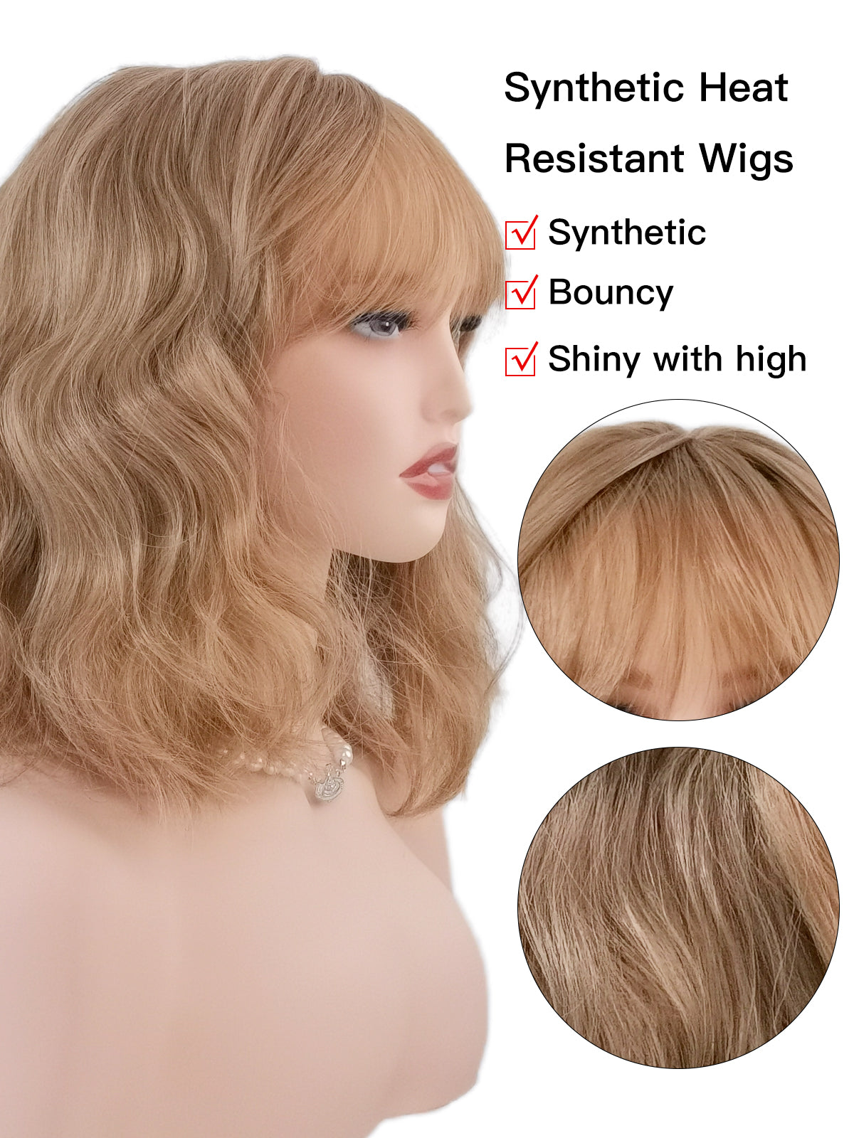 [Caramel] Ailsas's Wigs Short Wigs for Women Curly Wavy Synthetic Wigs with Bangs 68003