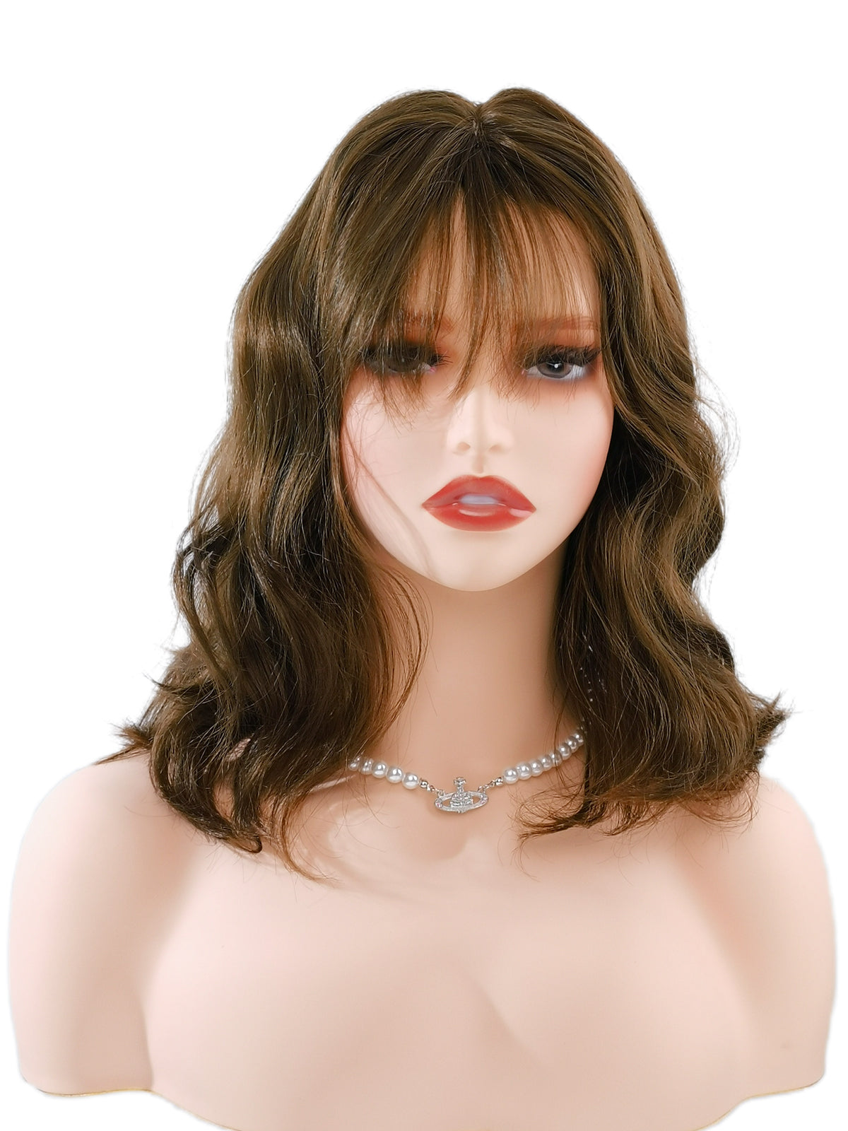 [Cocoa] Ailsas's Wigs Dark Brown Wigs With Air Bangs for Women Curly Wavy Synthetic Wigs 68004