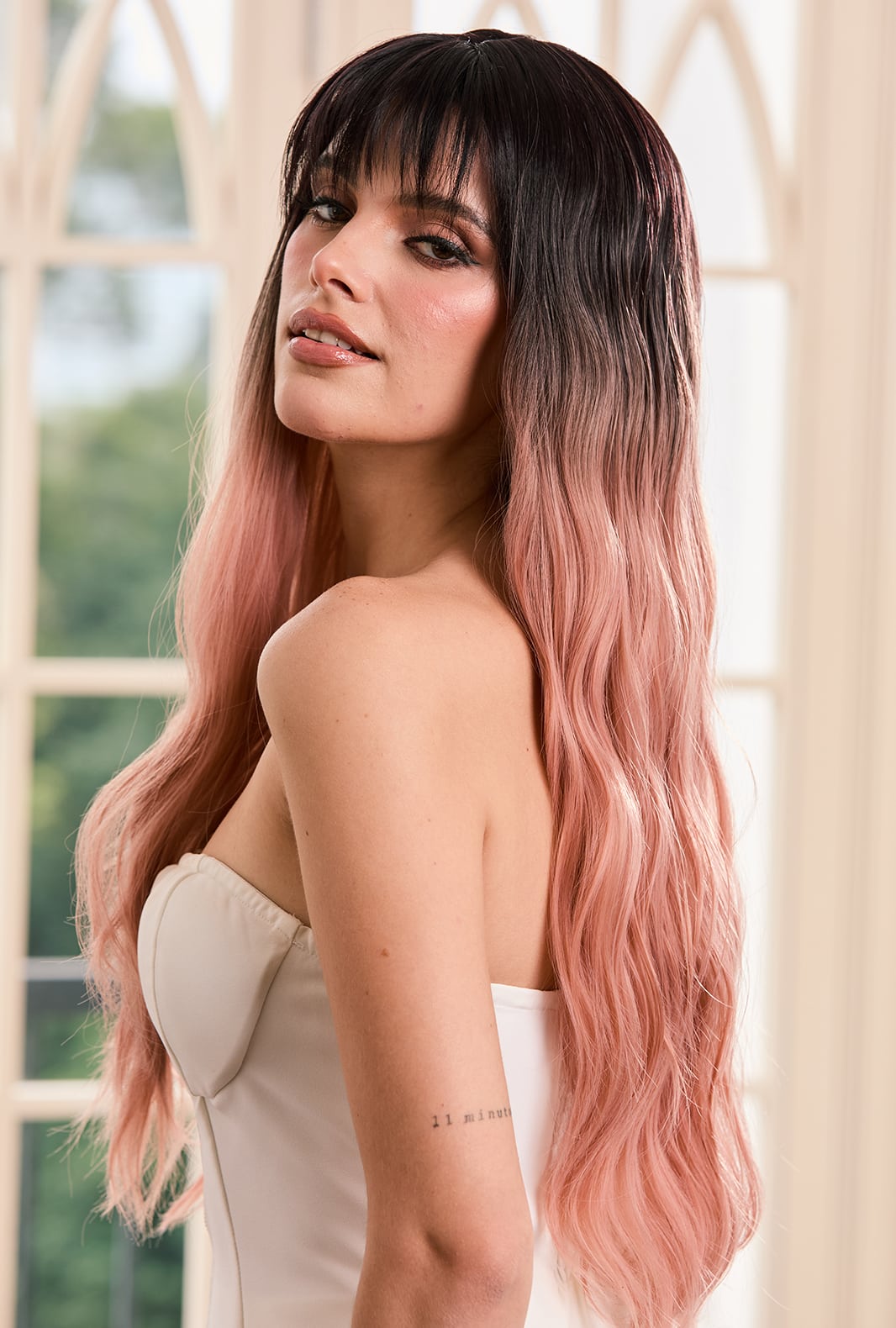 Angie | Ombre Black to Pink Curly Synthetic Wig | Fun & Fashionable with Bangs - Ailsa's Wigs