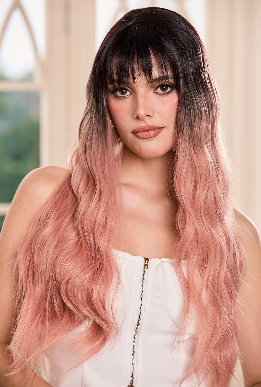 Angie | Ombre Black to Pink Curly Synthetic Wig | Fun & Fashionable with Bangs - Ailsa's Wigs