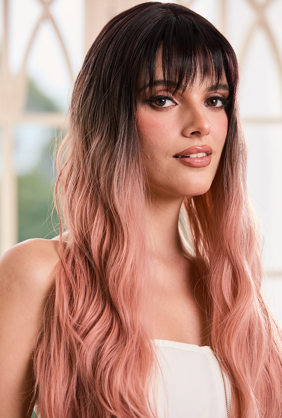 Angie | Ombre Black to Pink Curly Synthetic Wig | Fun & Fashionable with Bangs - Ailsa's Wigs