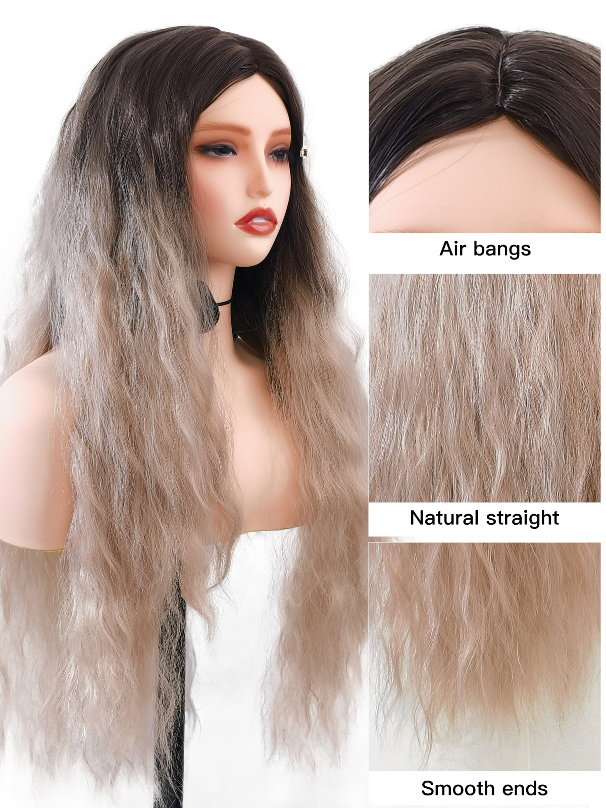 [Mila] Ailsas's Wigs 29 inch Curly Wave Ombre Brown Gray Hair Wig Natural Look 68016