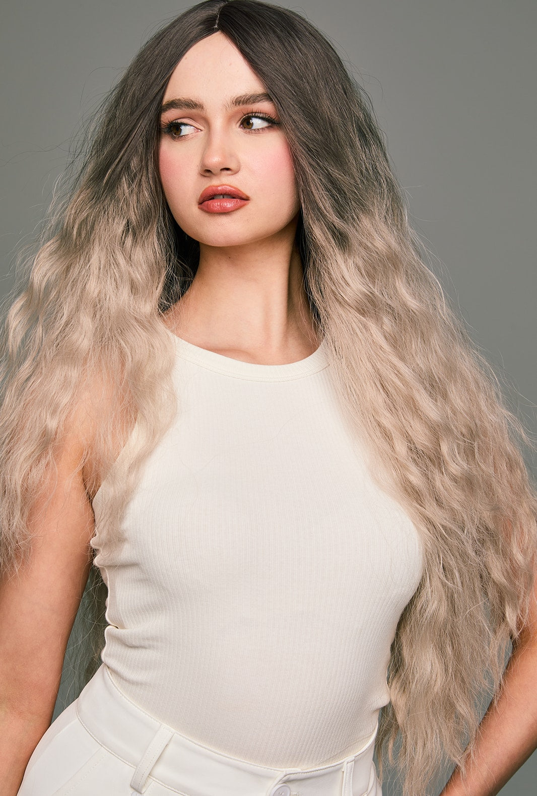 Mila | Ombre Brown to Grey 29inch Kinky Curly Thick Synthetic Wig | Trendy, Voluminous Style - Ailsa's Wigs